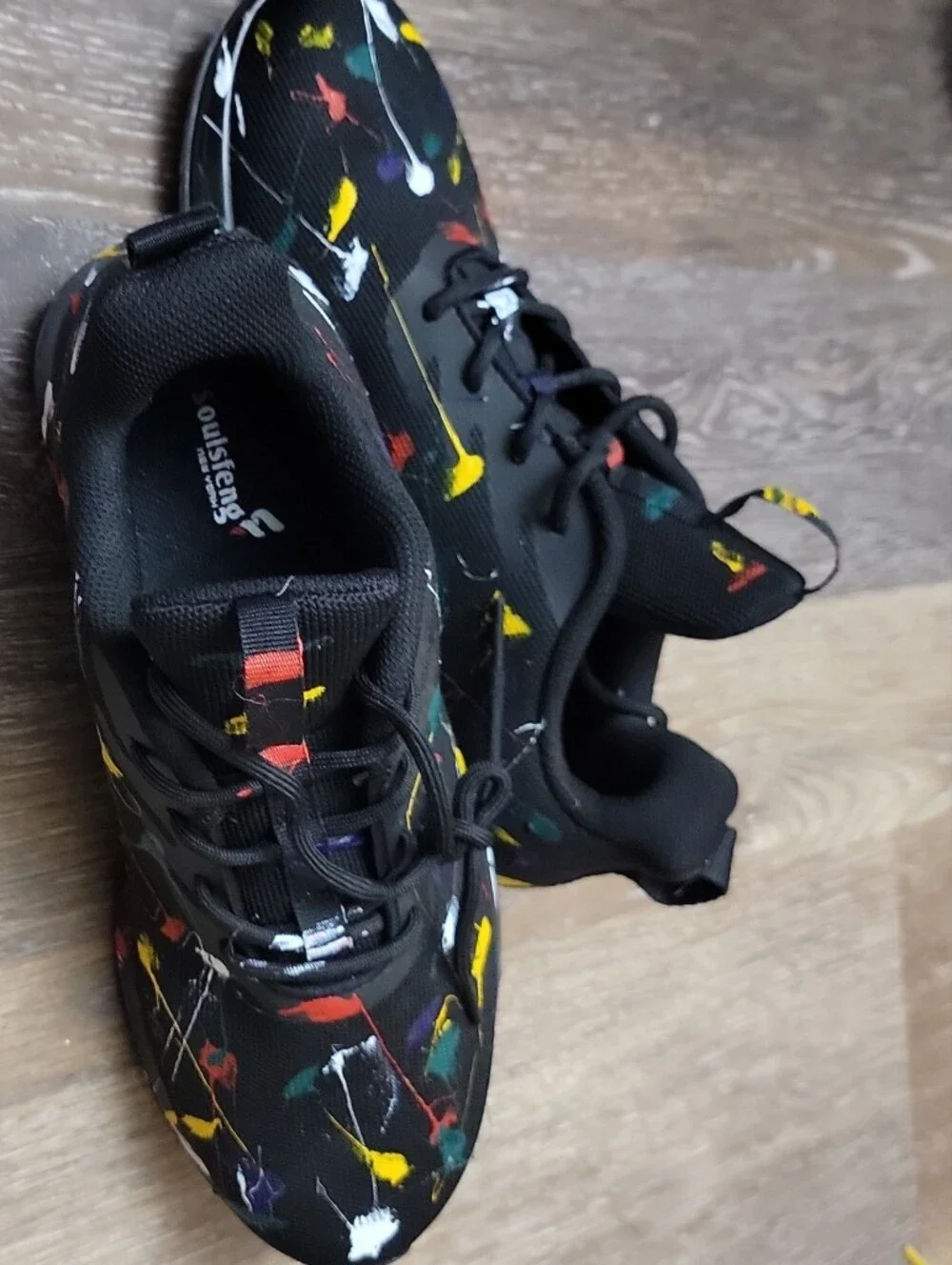 Kids Black Sneakers with Multicolor Paint-Splash Accents